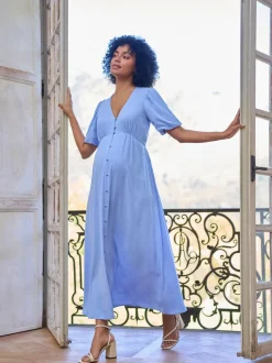 Seraphine Blue Button Through V-Neck Nursing Dress