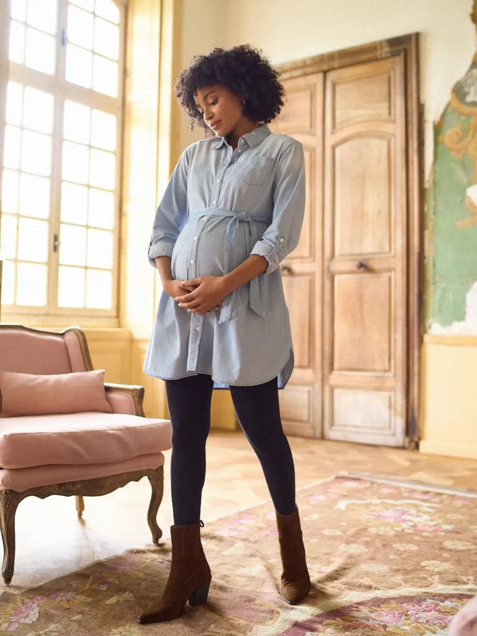 Seraphine Blue Denim Maternity & Nursing Chambray Shirt Dress