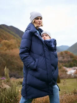 Seraphine Blue Long Chevron 3 in 1 Maternity & Babywearing Down-filled Coat