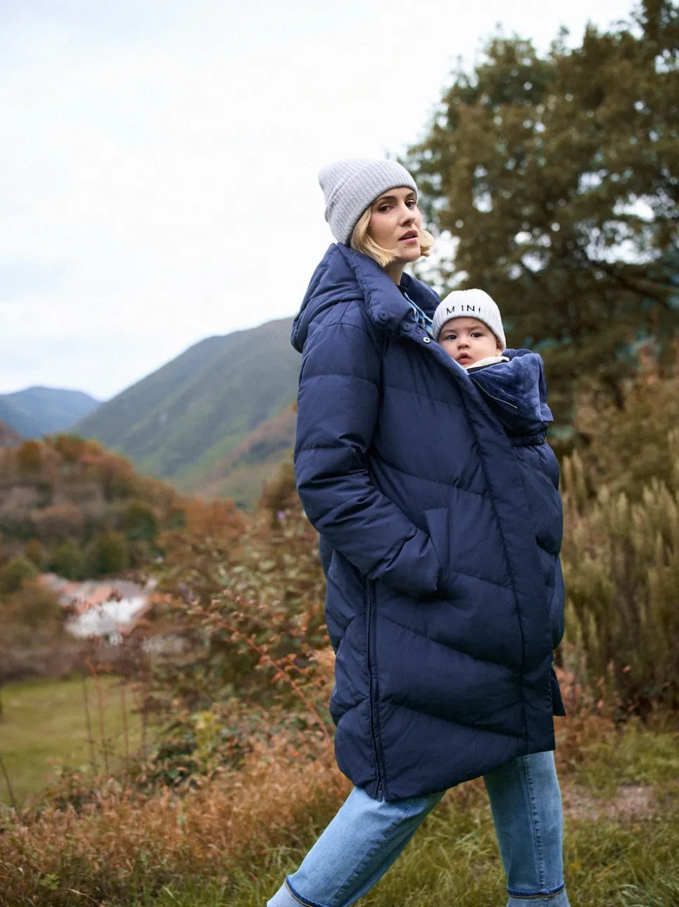 Seraphine Blue Long Chevron 3 in 1 Maternity & Babywearing Down-filled Coat