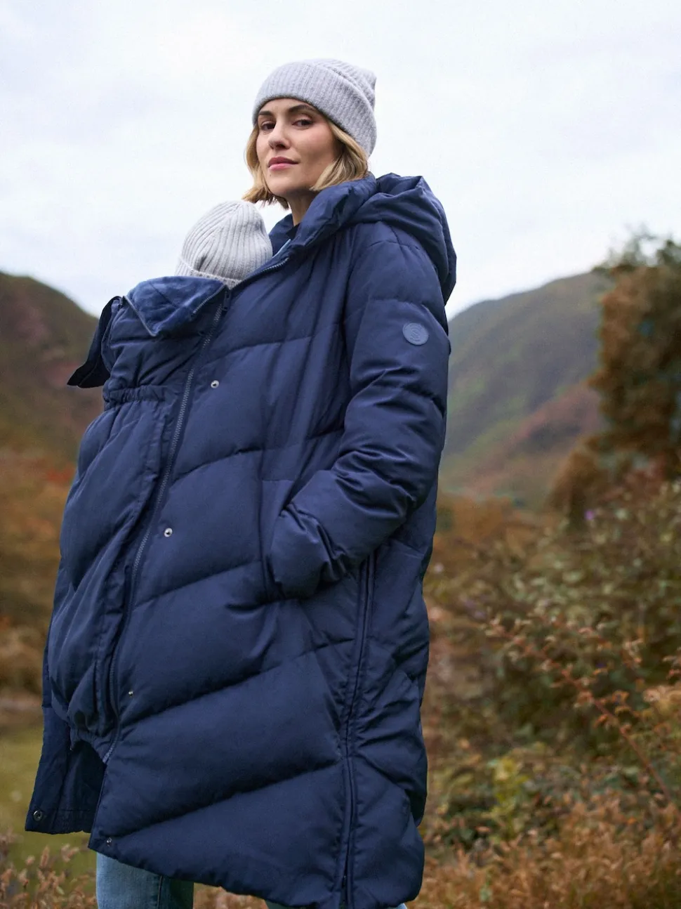 Seraphine Blue Long Chevron 3 in 1 Maternity & Babywearing Down-filled Coat