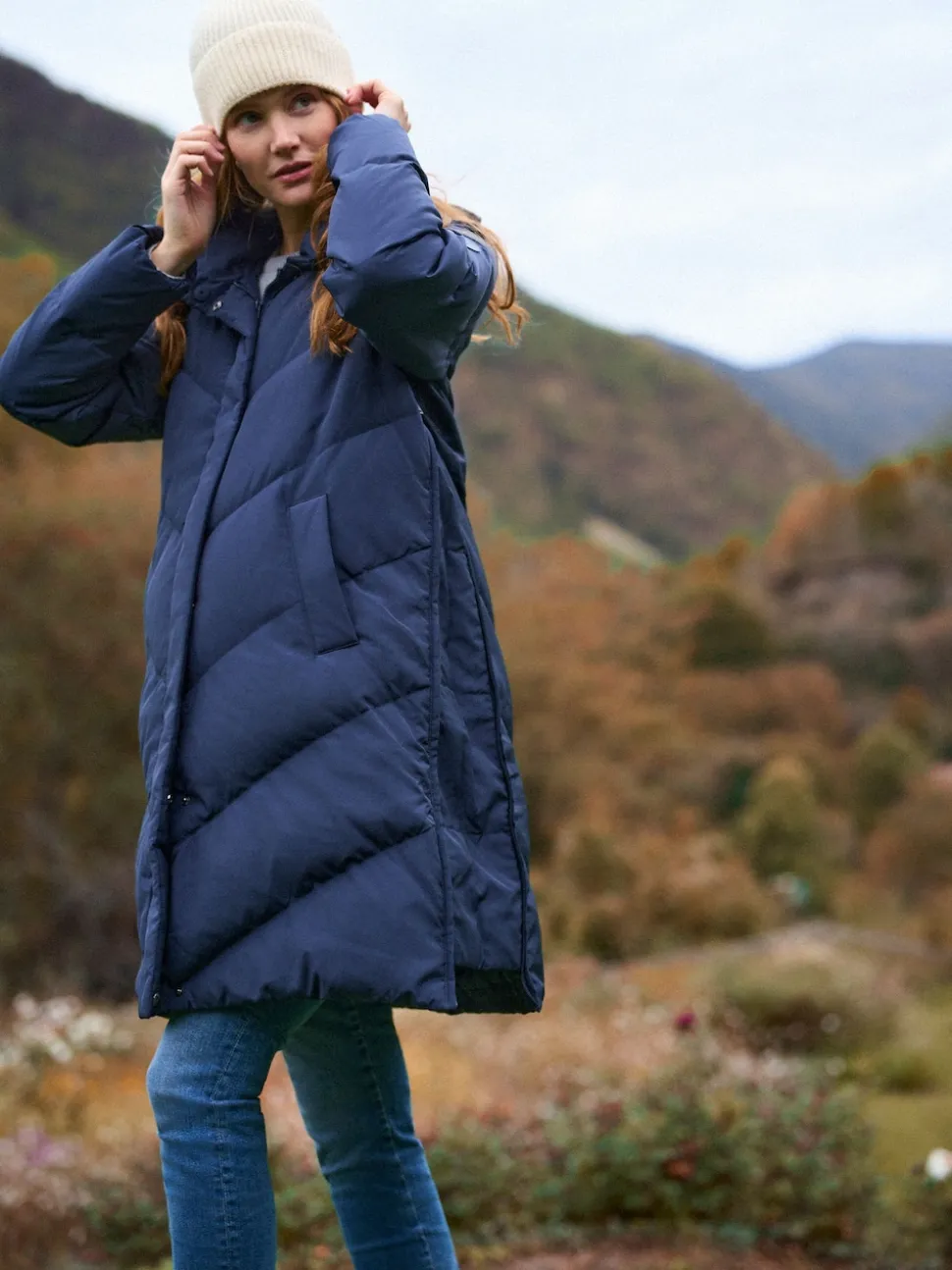 Seraphine Blue Long Chevron 3 in 1 Maternity & Babywearing Down-filled Coat