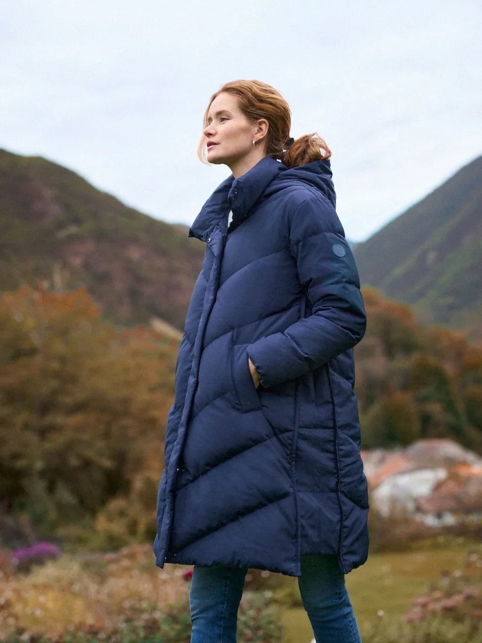 Seraphine Blue Long Chevron 3 in 1 Maternity & Babywearing Down-filled Coat