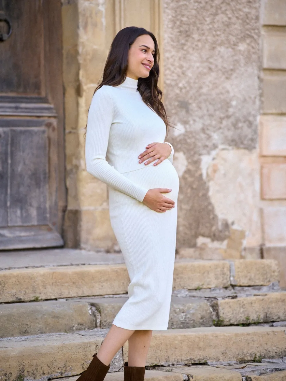 Seraphine Cream Maternity Premium Rib Knit and Nursing Dress