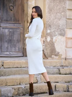Seraphine Cream Maternity Premium Rib Knit and Nursing Dress