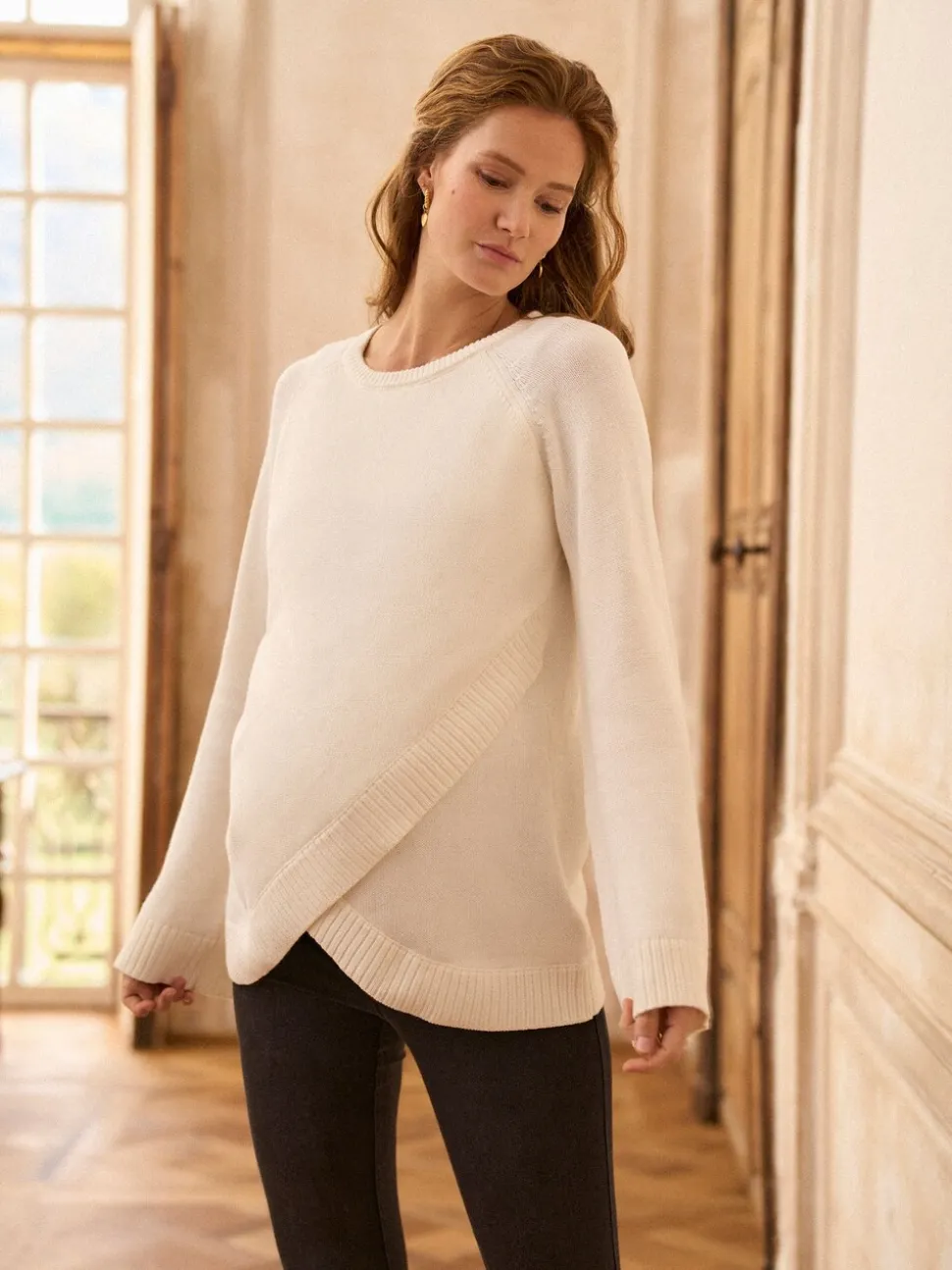 Seraphine Cream Maternity & Nursing Cross Over Cotton Jumper