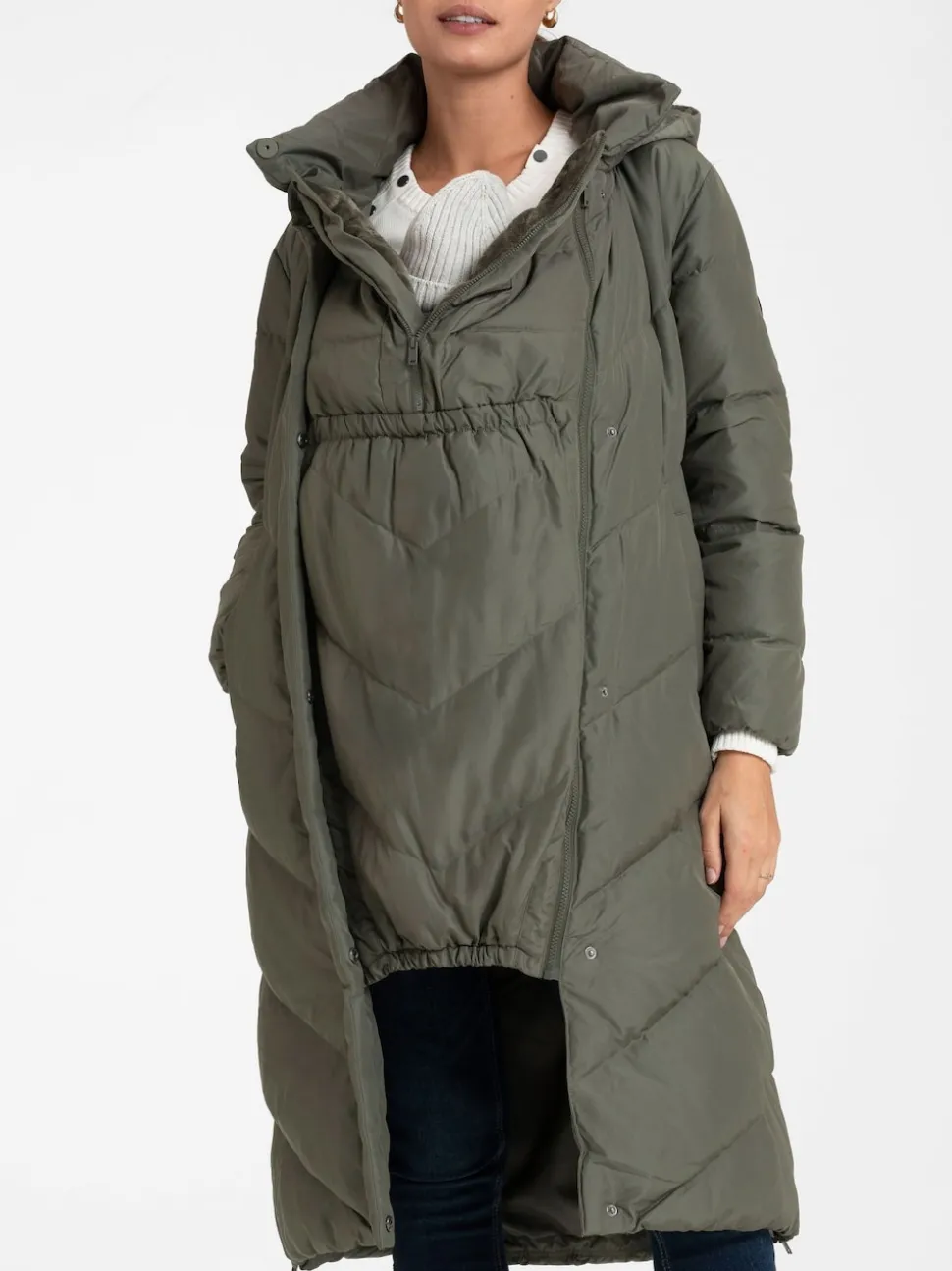 Seraphine Green 3-In-1 Long Chevron Puffer Maternity Coat