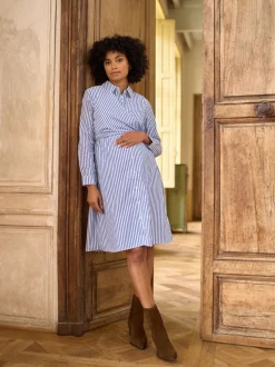 Seraphine Mid Blue & White Stripe Maternity & Nursing Midi Wrap Shirt Dress