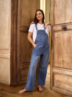 Seraphine Mid Blue Wash Maternity Wide Leg Dungarees