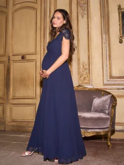 Seraphine Midnight Blue Maternity Lace Sleeve Silk Premium Dress