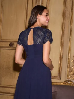 Seraphine Midnight Blue Maternity Lace Sleeve Silk Premium Dress