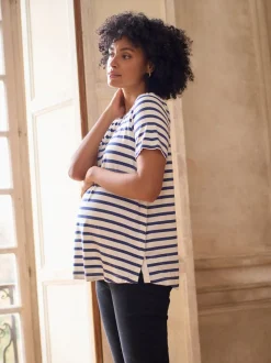 Seraphine Navy & White Stripe Maternity & Nursing Short Sleeve T-Shirt