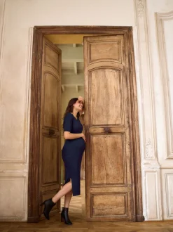 Seraphine Navy Blue Ribbed Maternity And Nursing Midi Dress