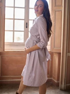 Seraphine Taupe & White Stripe Maternity & Nursing Midi Wrap Shirt Dress