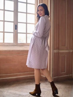 Seraphine Taupe & White Stripe Maternity & Nursing Midi Wrap Shirt Dress