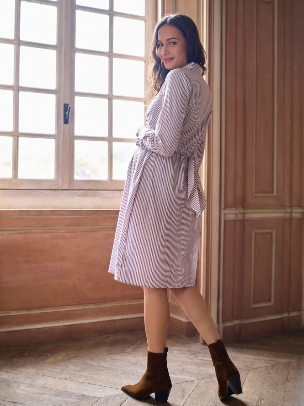 Seraphine Taupe & White Stripe Maternity & Nursing Midi Wrap Shirt Dress