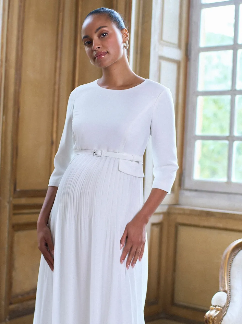 Seraphine White Ivory Maternity Premium Occasion Bridal Dress With Floaty Pleated Skirt