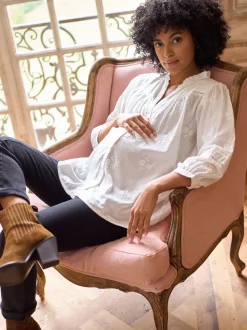 Seraphine White Ivory Maternity & Nursing Cotton Embroidered Blouse