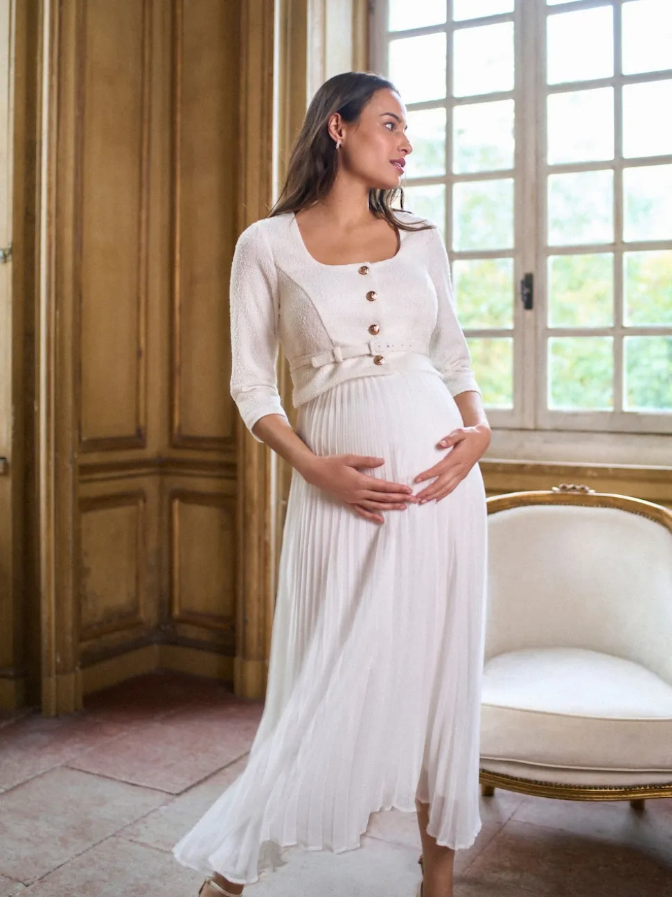 Seraphine White Ivory Occasion Maternity & Nursing Bridal Dress With Tweed Bodice & Floaty Pleated Skirt