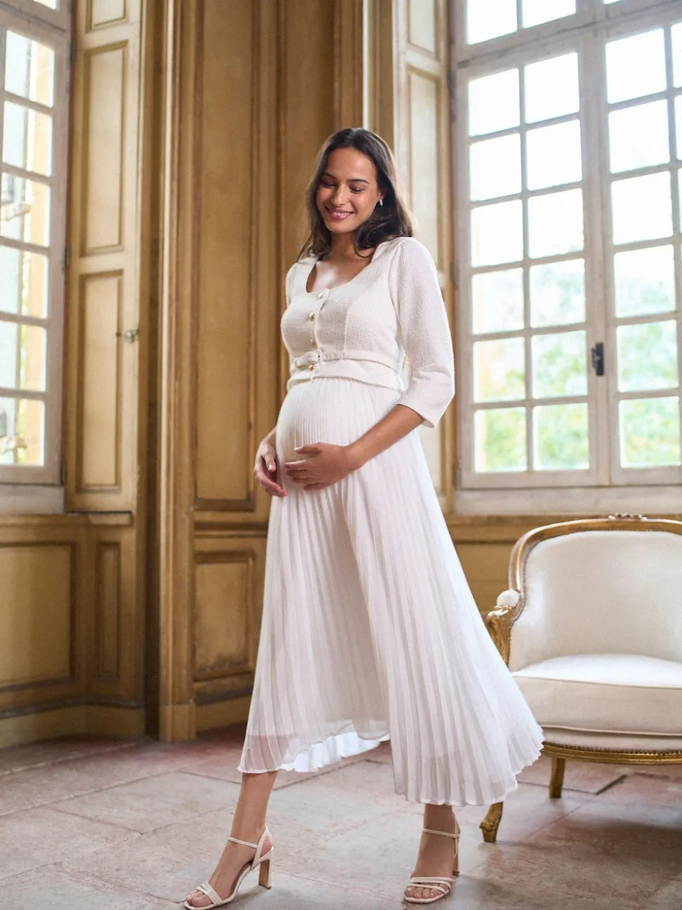 Seraphine White Ivory Occasion Maternity & Nursing Bridal Dress With Tweed Bodice & Floaty Pleated Skirt