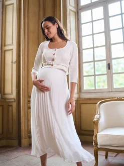 Seraphine White Ivory Occasion Maternity & Nursing Bridal Dress With Tweed Bodice & Floaty Pleated Skirt