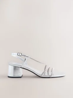 Silver Forever Comfort Square Toe Jewelled Strappy Block Heeled Sandals