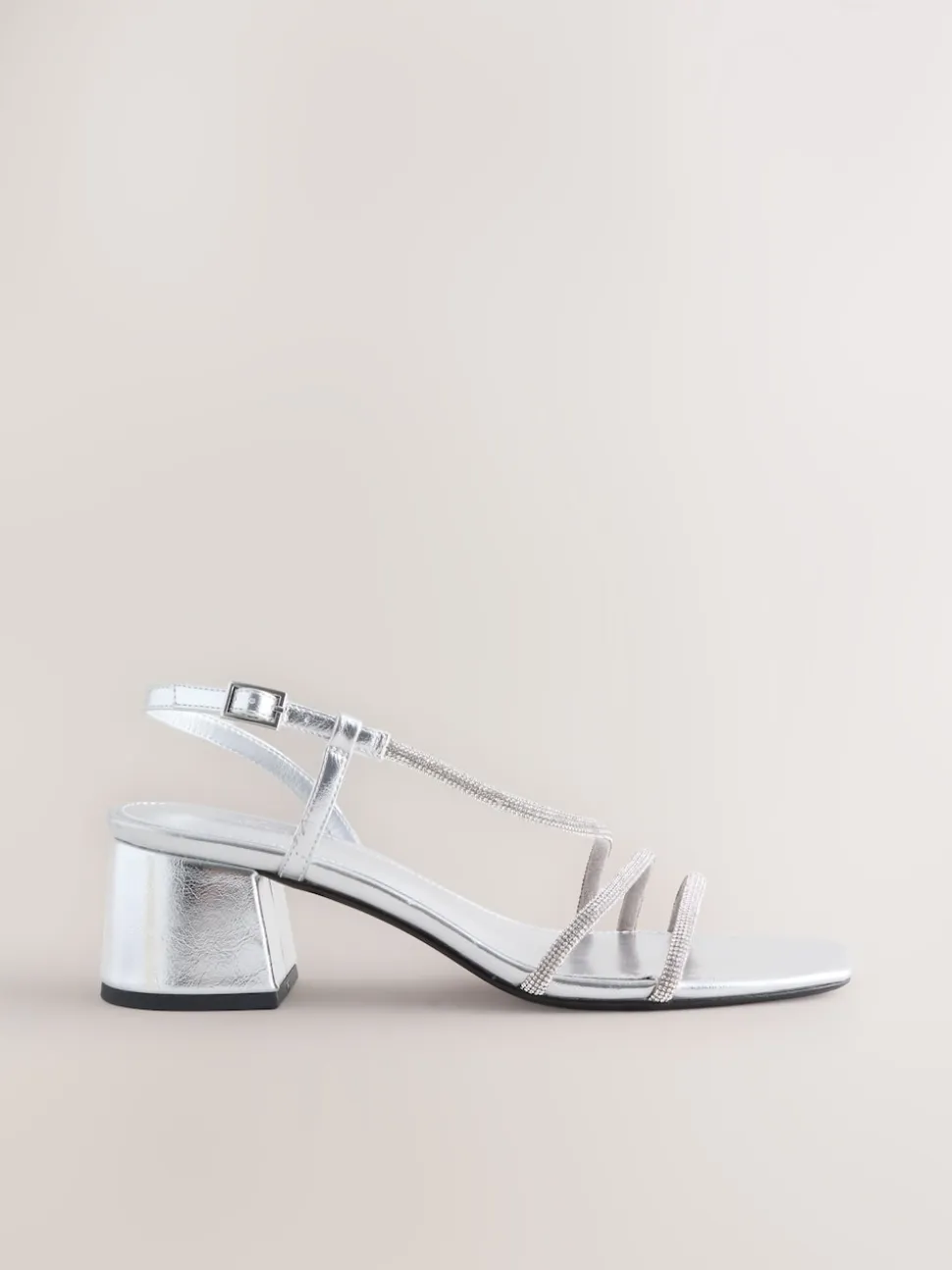 Silver Forever Comfort Square Toe Jewelled Strappy Block Heeled Sandals