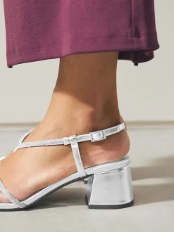 Silver Forever Comfort Square Toe Jewelled Strappy Block Heeled Sandals
