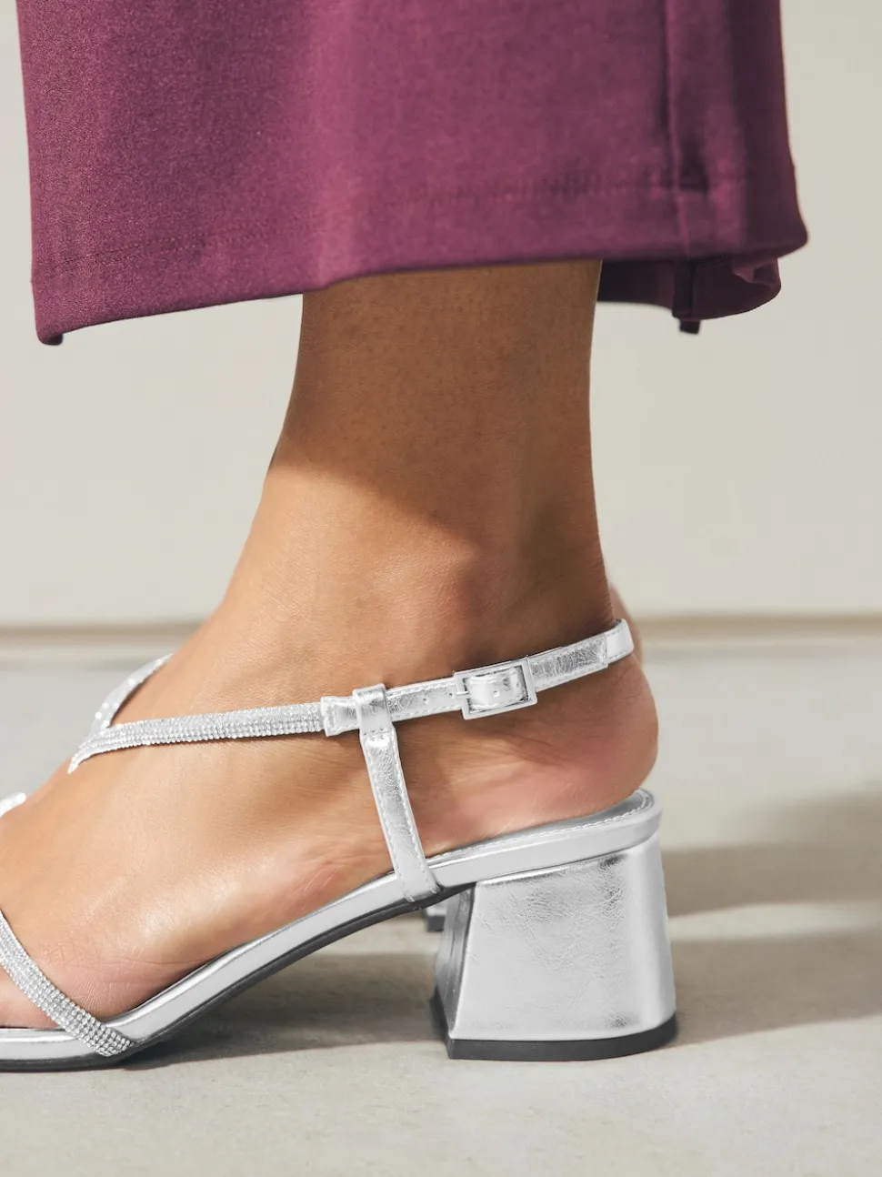 Silver Forever Comfort Square Toe Jewelled Strappy Block Heeled Sandals