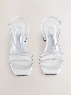 Silver Forever Comfort Square Toe Jewelled Strappy Block Heeled Sandals