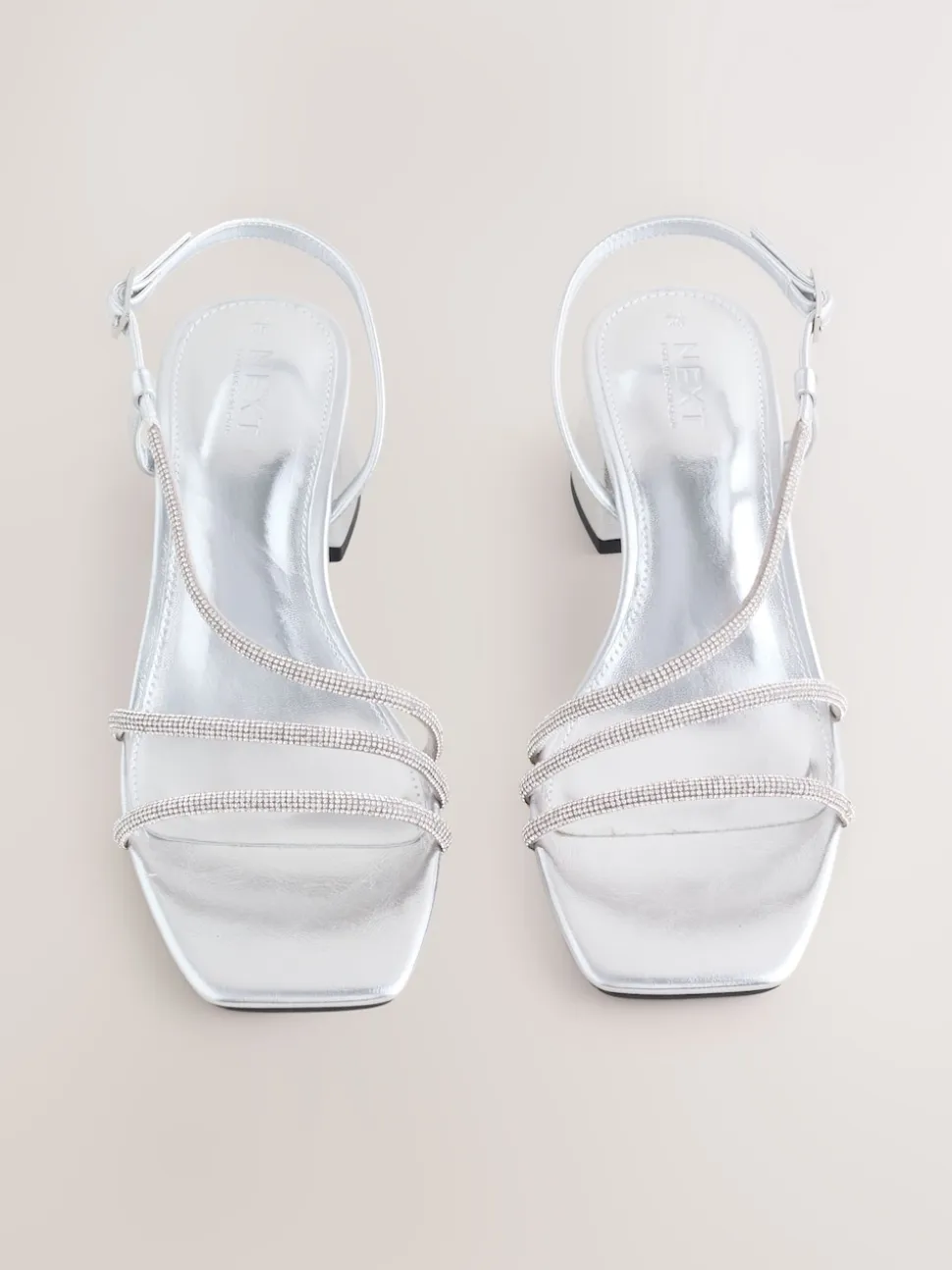 Silver Forever Comfort Square Toe Jewelled Strappy Block Heeled Sandals