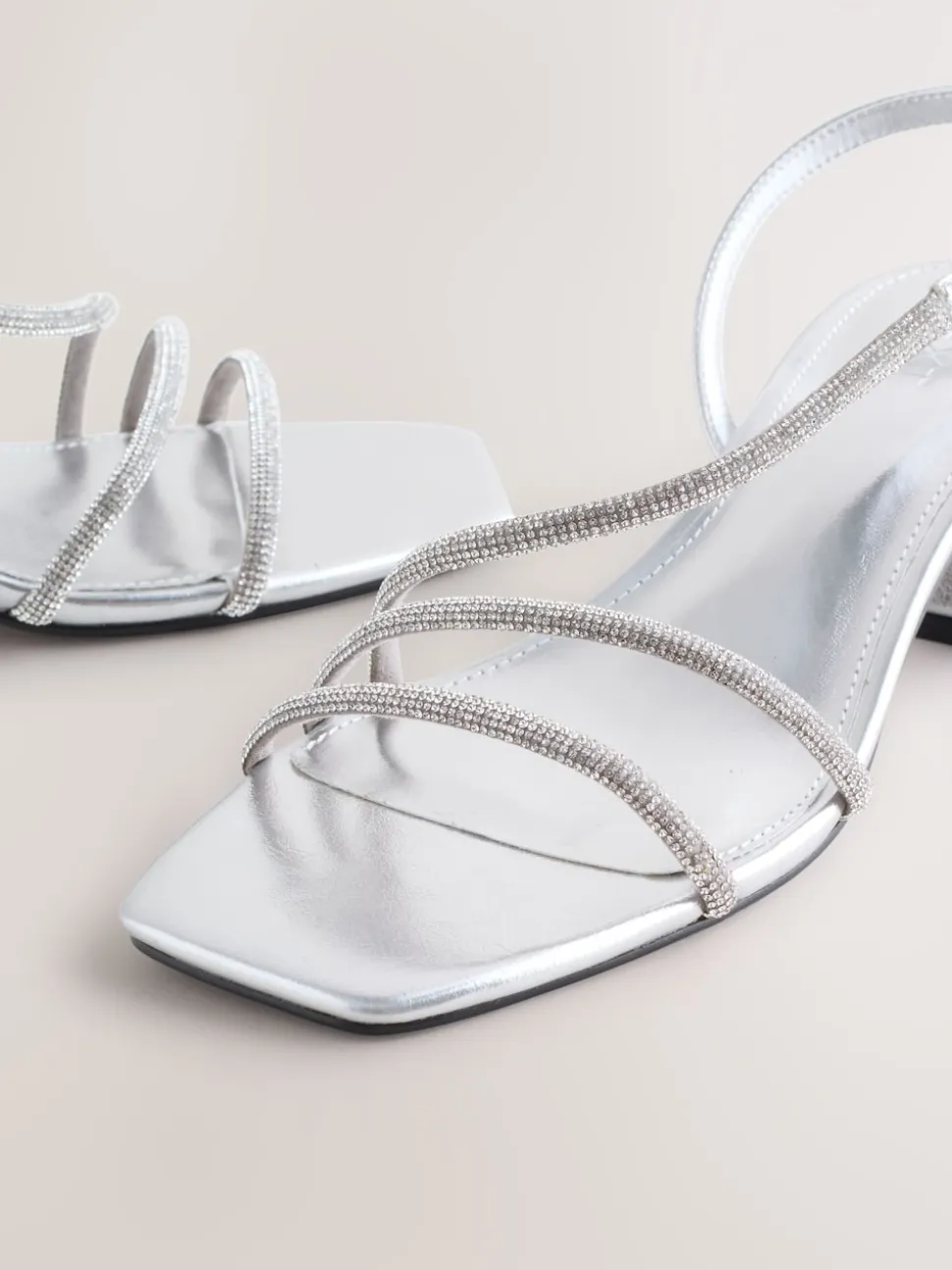 Silver Forever Comfort Square Toe Jewelled Strappy Block Heeled Sandals