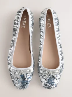 Silver Sequin Standard/Wide Fit Round Toe Ballerina Shoes