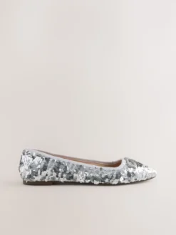Silver Sequin Standard/Wide Fit Round Toe Ballerina Shoes