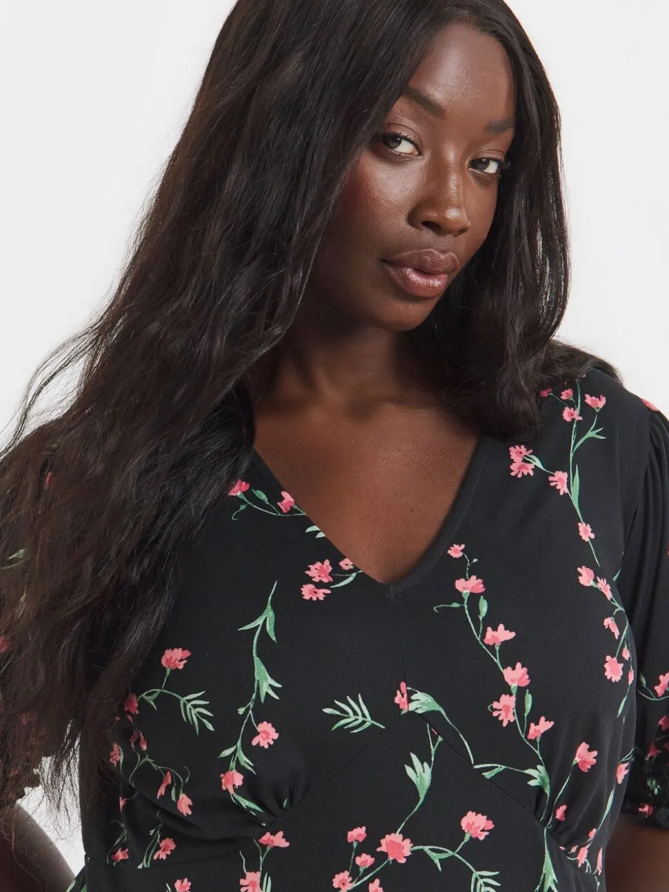 Simply Be Black Floral Print Supersoft V-Neck Midi Dress