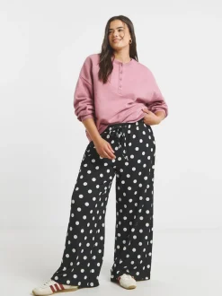 Simply Be Black Polka Dot Textured Jersey Drawstring Wide Leg Trousers