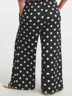 Simply Be Black Polka Dot Textured Jersey Drawstring Wide Leg Trousers
