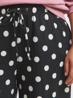 Simply Be Black Polka Dot Textured Jersey Drawstring Wide Leg Trousers