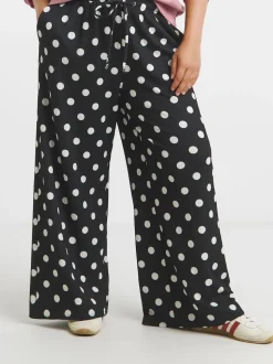 Simply Be Black Polka Dot Textured Jersey Drawstring Wide Leg Trousers