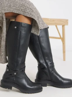 Simply Be Black PU Wide Fit Casual Knee High Boots With Wrap Detail