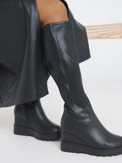 Simply Be Black Wide Fit Stretch Wedge Knee High Boots