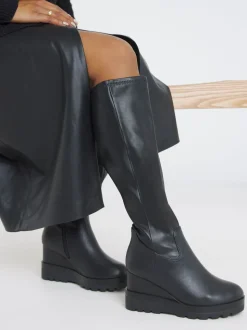 Simply Be Black Wide Fit Stretch Wedge Knee High Boots