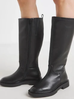 Simply Be Black Wide Fit Leather Knee High Riding Boots