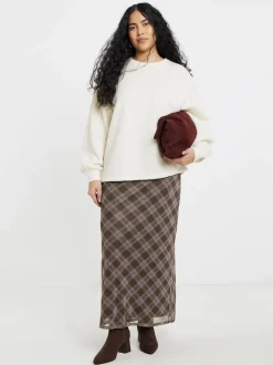 Simply Be Brown Check Print Mesh Midaxi Skirt