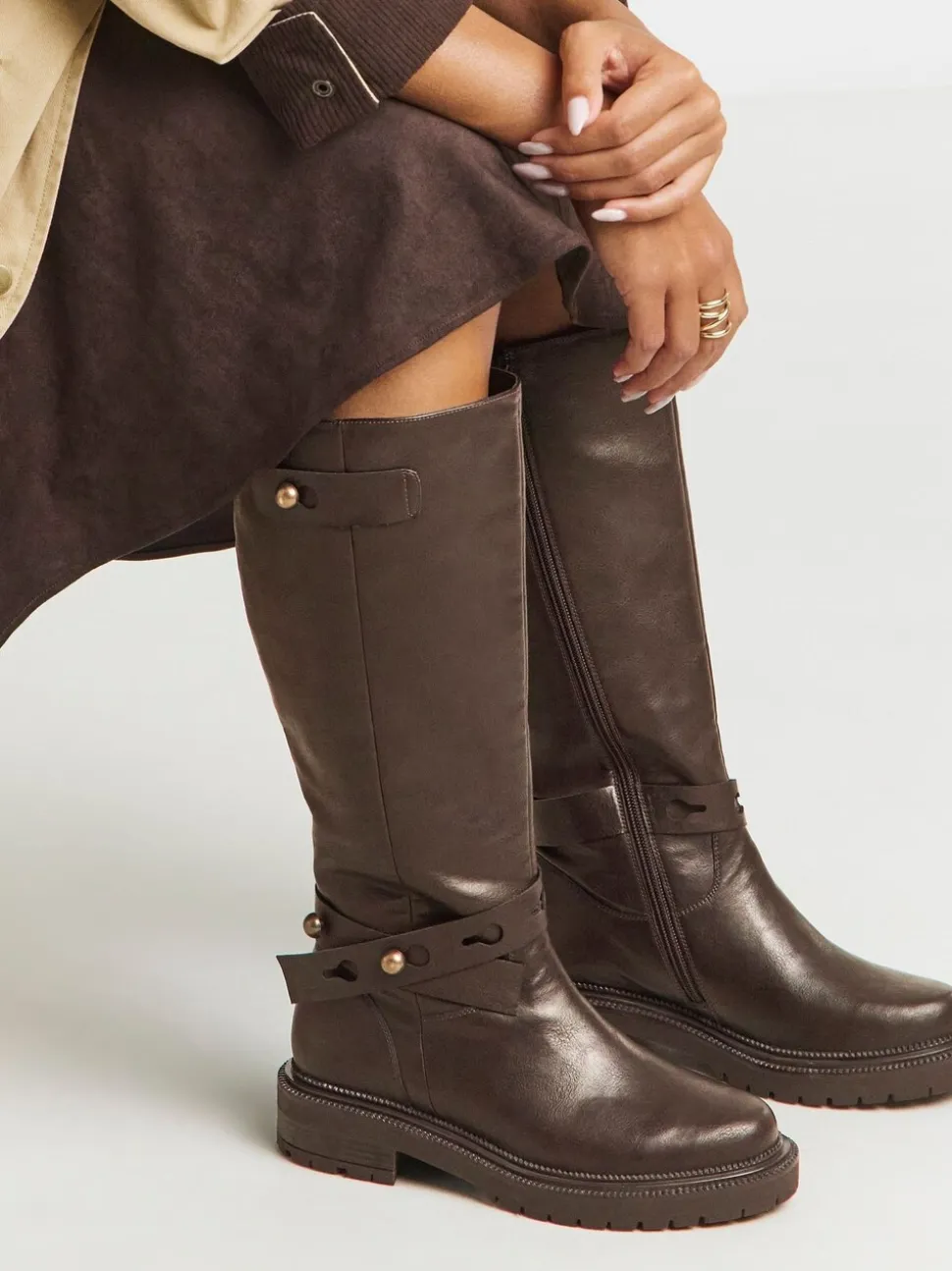 Simply Be Brown Wide Fit Casual Knee High Boots With Wrap Detail