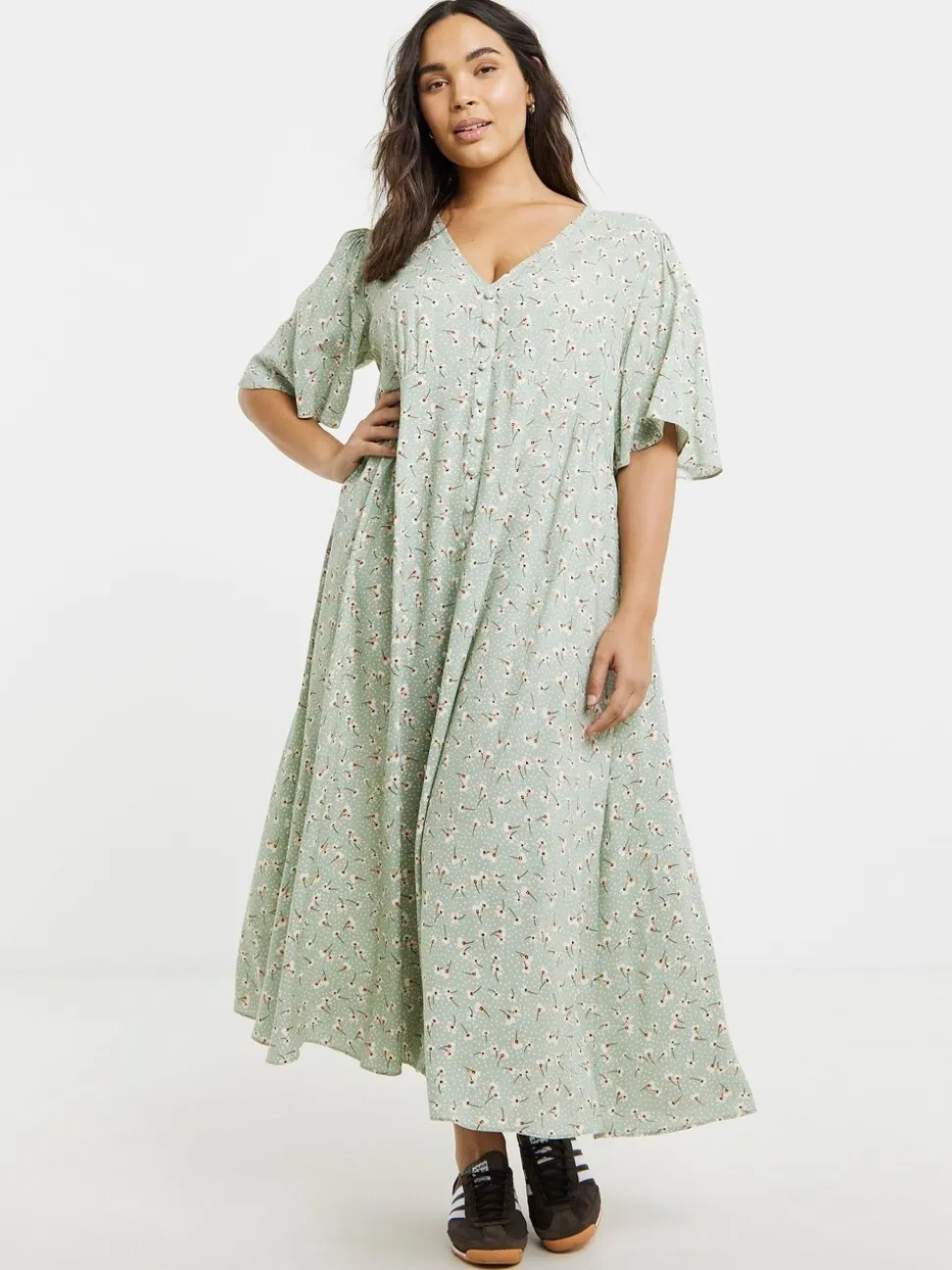 Simply Be Green Ditsy Print Button Up Midi Dress