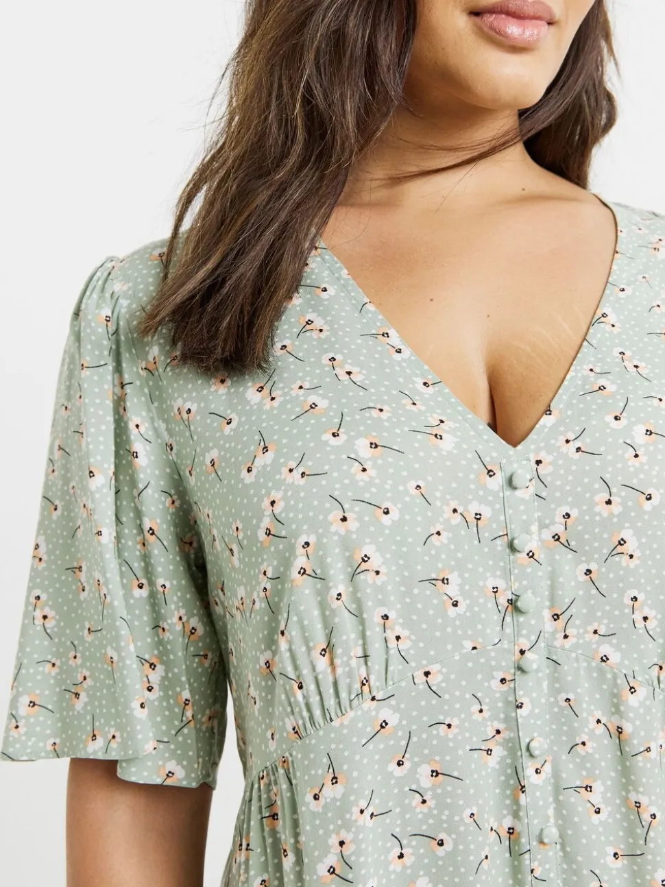 Simply Be Green Ditsy Print Button Up Midi Dress