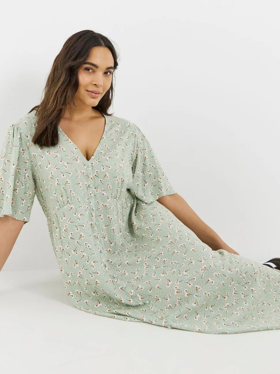 Simply Be Green Ditsy Print Button Up Midi Dress