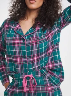Simply Be Green Pretty Secrets Lurex Check Button Through Pyjamas Set