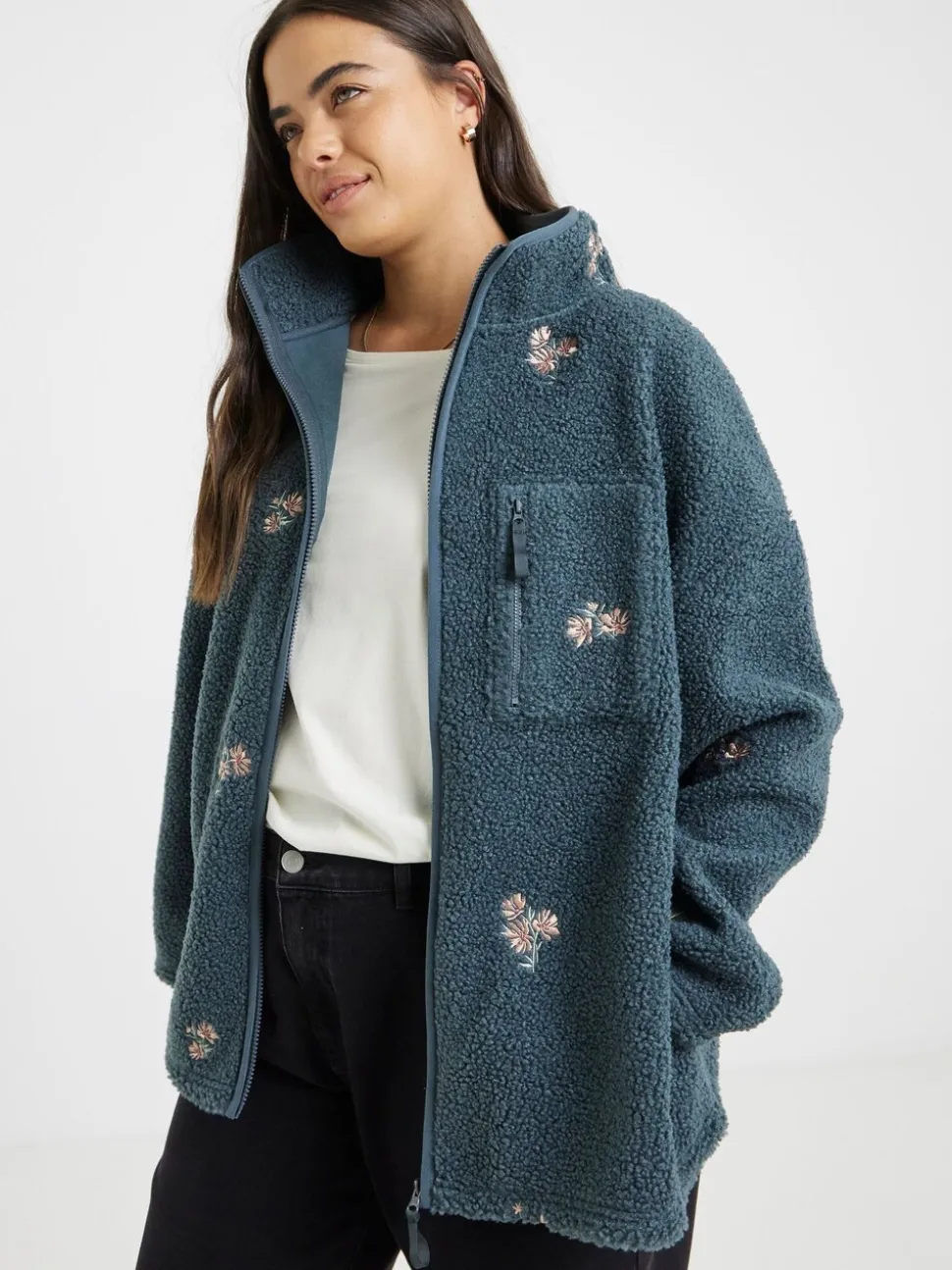 Simply Be Grey Floral Borg Embroided Slogan Sweatshirt